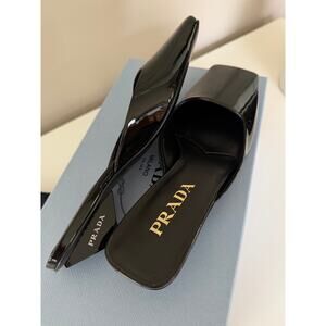 New Prada Shoes Women Patent Leather Mule Black Logo Low Triangle Heel 35.5